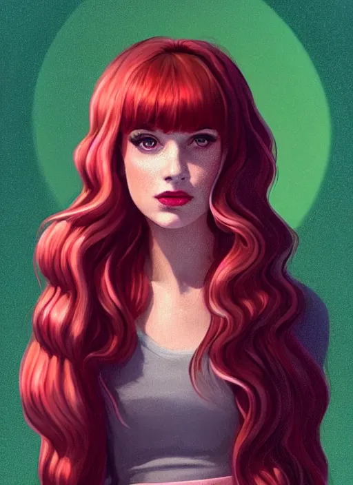 Image similar to full body portrait of teenage cheryl blossom, bangs, green eyes, sultry expression, red hair, sultry smirk, bangs and wavy hair, pink skirt, bangs, intricate, elegant, glowing lights, highly detailed, digital painting, artstation, concept art, smooth, sharp focus, illustration, art by wlop, mars ravelo and greg rutkowski