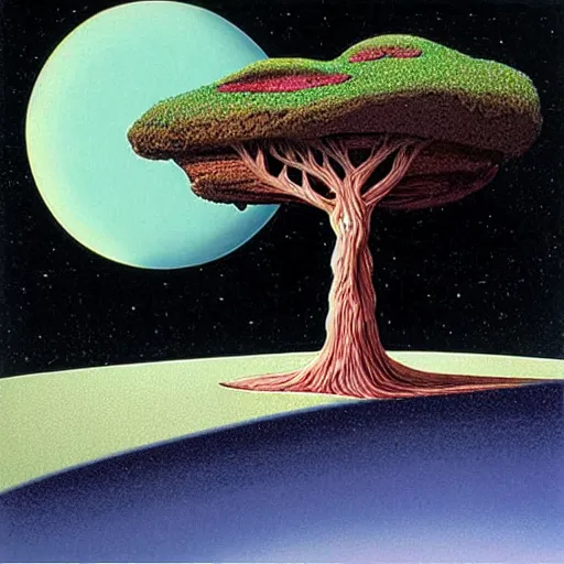 Prompt: a tree growing from a crystal rock floating in space, by roger dean