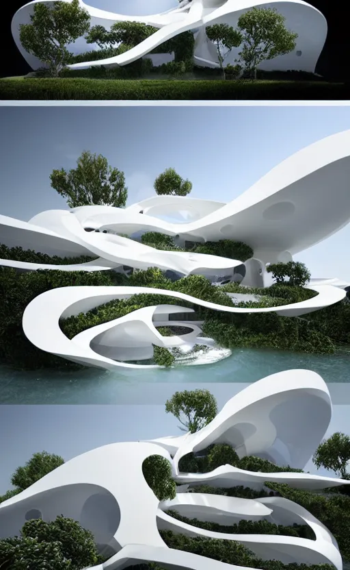 Image similar to villa parametric rhizomorph architecture fluid design, vincent callebaut well - defined style, ultra detailed, monochromatic, natural lighting, volumetric lighting, generative art nebula, cinematic, photo realistic, hyper real, surreal design, flow everywhere, walls made of crystal clear water, droplets on the walls, black metal, magnesium, 8 k,