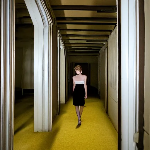 Image similar to Emma Watson lost in the backrooms, old moist carpet, mono-yellow, fluorescent lights, randomly segmented rooms, eerie