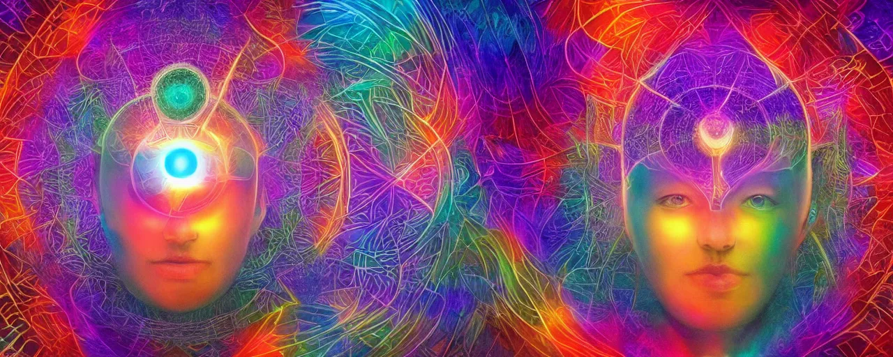 Image similar to transcendence into collaborative intelligence, endless collaboration with ai, connectedness, body, by alex grey, album cover, award winning, beautiful, colorful, volumetric lighting, trending on artstation, cinematic