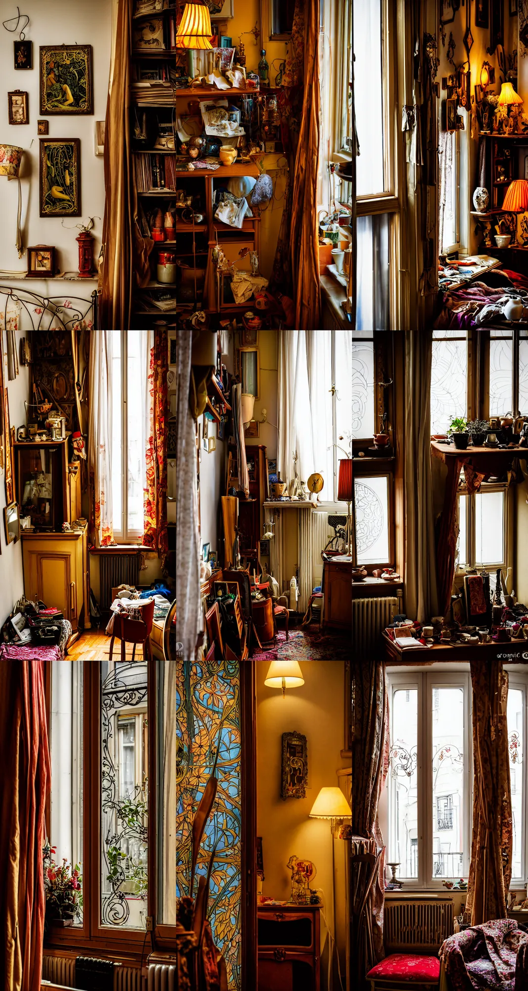 Prompt: telephoto 7 0 mm f / 2. 8 iso 2 0 0 photograph depicting the feeling of chrysalism in a cosy dark cluttered french art nouveau apartment.