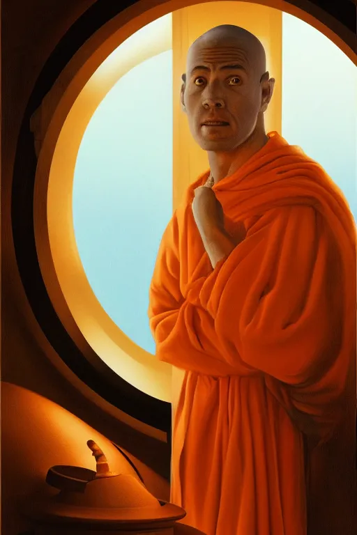 Image similar to portrait of a monk in a spaceship, looking out of a round window, orange robe, dramatic lighting, artstation, matte painting, ralph mcquarrie