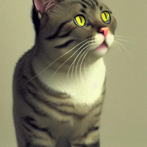 Image similar to an hyper realistic closeup portrait of an innocent, elegant cat, smiling, wearing pearl earrings, blender render, global illumination, by jan vermeer