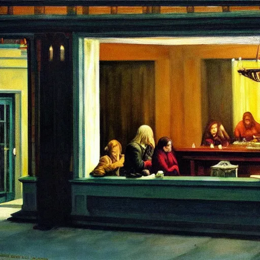 Prompt: the fellowship of the ring movie poster painted by edward hopper