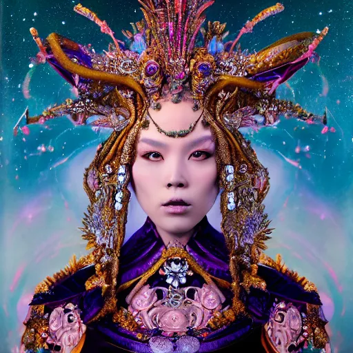 Image similar to a beautiful empress portrait, with a brilliant, impossible striking big cosmic galaxy headpiece, clothes entirely made out of cosmos chaos energy, symmetrical, dramatic studio lighting, rococo, baroque, jewels, asian, hyperrealism, closeup, D&D, fantasy, intricate, elegant, highly detailed, digital painting, artstation, octane render, 8k, concept art, matte, sharp focus, illustration, art by Artgerm and Greg Rutkowski and Alphonse Mucha