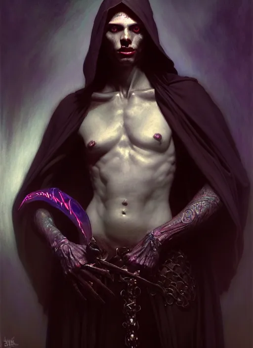 Prompt: male necromancer, full body, hyper realistic, extremely detailed, dnd character art portrait, dark fantasy art, intricate fantasy painting, dramatic lighting, vivid colors, deviantart, artstation, by edgar maxence and caravaggio and michael whelan and delacroix.