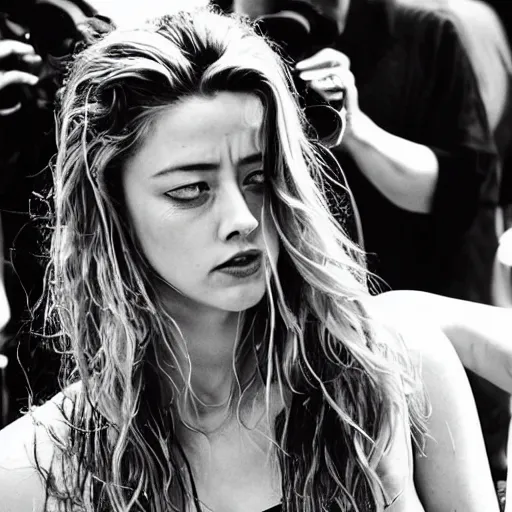 Prompt: “amber heard in shackles, crying, sad, prison clothes, distress, paparazzi photograph”