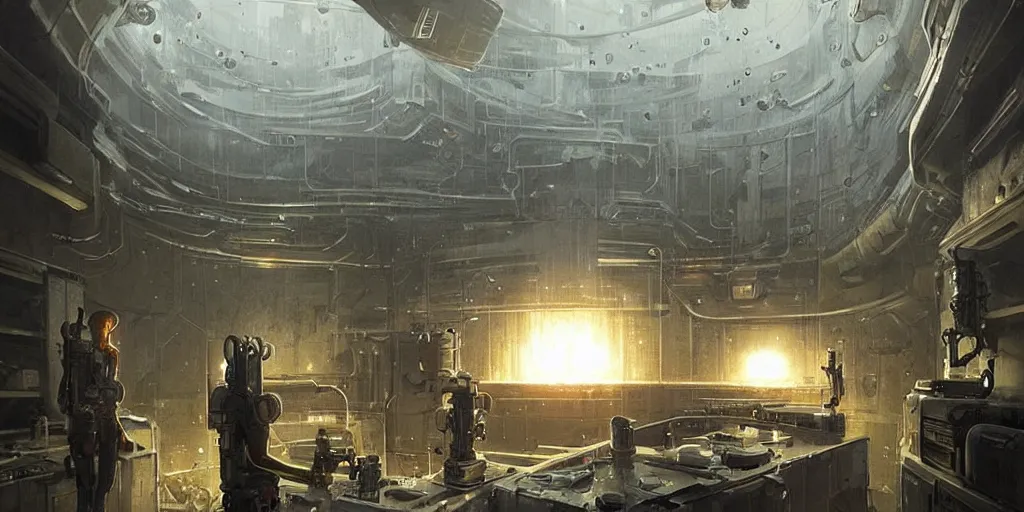 Image similar to bunker laboratory with alien mechanisms!!!!! inside, with mystical glowing fluid!!!!!!, ultra detailed, science fiction illustration, made by greg rutkowski