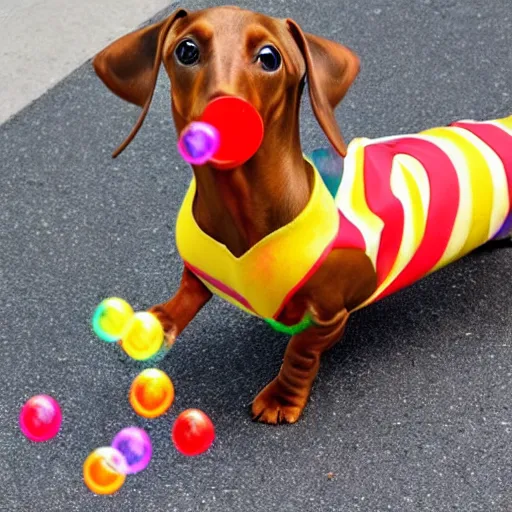 Image similar to photo a dachshund wearing a hot dog outfit, blowing soap bubbles, doing tricks, award winning