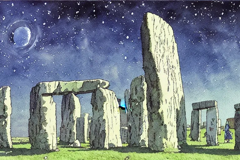 Image similar to hyperrealist studio ghibli watercolor fantasy concept art of a 1 0 0 ft. giant sittong on stonehenge. it is a misty starry night. by rebecca guay, michael kaluta, charles vess