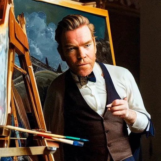 Prompt: ewan mcgregor is dressed as a gentleman at early 2 0 th century paris. he is watching an easel. that easel has a canvas on it. ewan mcgregor has a brush on his hand. he is painting a painting. realistic painting with strong outlines, by studio ghibli