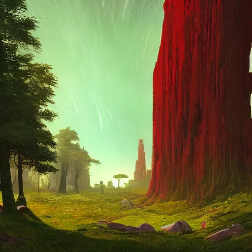 Image similar to red ancient temple between green fields with big trees, star trails, dramatic lighting, artstation, matte painting, caspar david friedrich, simon stalenhag