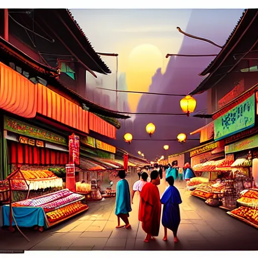 Image similar to an immaculate digital matte painting placid asian street market scene at dusk.