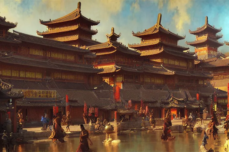 Prompt: tang dynasty city, painting by gaston bussiere, craig mullins, j. c. leyendecker, tom of finland