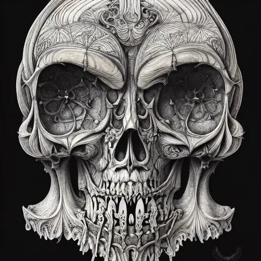 Image similar to memento mori by arthur rackham, art forms of nature by ernst haeckel, exquisitely detailed 3 d render, art nouveau, gothic, ornately carved beautiful skull mask dominant, intricately carved ornamental antique bone, art nouveau botanicals, art forms of nature by ernst haeckel, horizontal symmetry, symbolist, visionary