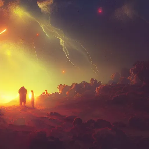 Image similar to family hugging, apocalyptic, meteors falling, background, sky, on fire, dramatic lighting, digital art, beautiful!!!!!!!!!!, 8K, dark lighting, trending on Artstation, award winning, blue, red