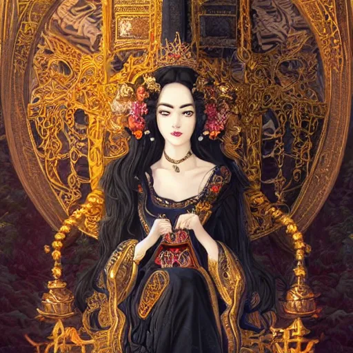 Prompt: a beautiful black haired woman with pale skin and a crown on her head sitted on an intricate metal throne, flower decoration on the background, beautiful illustration, atmosphere, top lighting, perfect composition, smooth, highly detailed, art by so - bin and yuhong ding and chengwei pan,