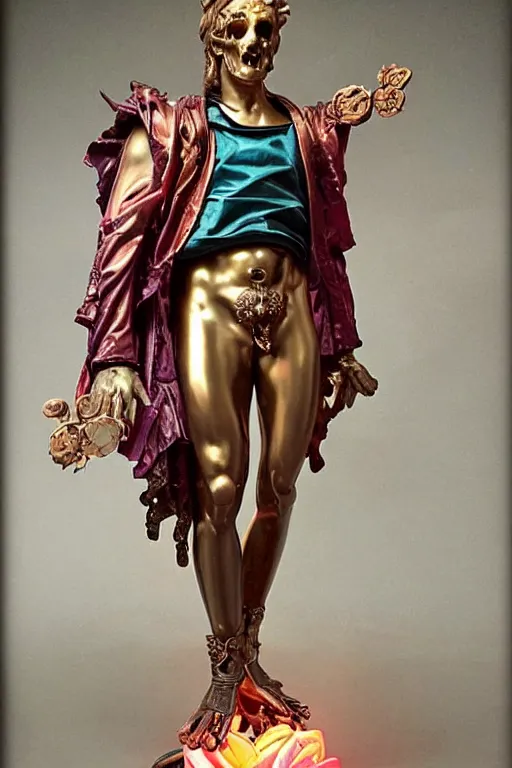 Prompt: a young handsome Spanish metal android with a large glowing pink lit crystal in the center of his chest, full-body bronze cyberpunk style statue of Icarus with glowing red eyes, crown of mechanical peach roses, flowing teal-colored silk, fabric, steampunk flowers. baroque elements, human skull. full-length view. baroque element. intricate artwork by caravaggio. many flying horses on background. Trending on artstation, octane render, cinematic lighting from the right, hyper realism, octane render, 8k, depth of field, 3D