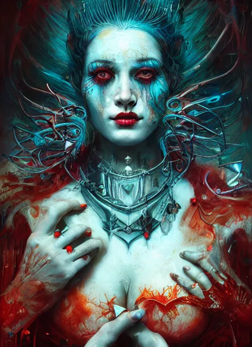 Prompt: queen of hearts, highly detailed, cinematic, 8 k, by megan duncanson, stanley artgermm, tom bagshaw, craig mullins, carne griffiths, ayami kojima, beksinski, giger, trending on deviantart, hyper detailed, horror, full of colour