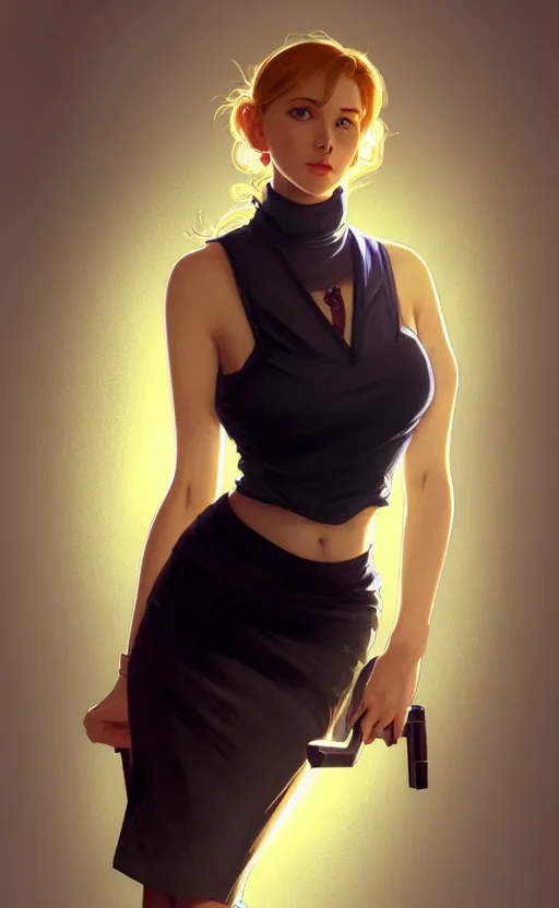 Image similar to portrait of a full body of beautiful young female secretary, d & d, sleeveless turtleneck, pencil skirt, fantasy, flat lighting, intricate, highly detailed, digital painting, artstation, concept art, smooth, sharp focus, illustration, art by simon bisley and greg rutkowski and alphonse mucha, natural tpose