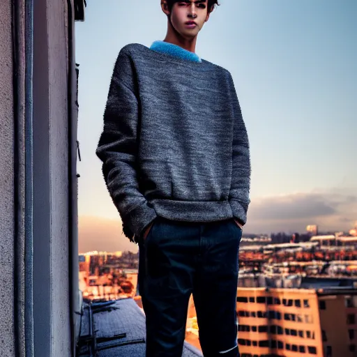 Image similar to un ultra high definition studio quality fashion editorial photographic portrait of a young man standing on the rooftop of an apartment building wearing all eclectic soft clothes. wide angle. three point light. extremely detailed. golden hour, golden ratio, ray tracing, volumetric light, shallow depth of field.