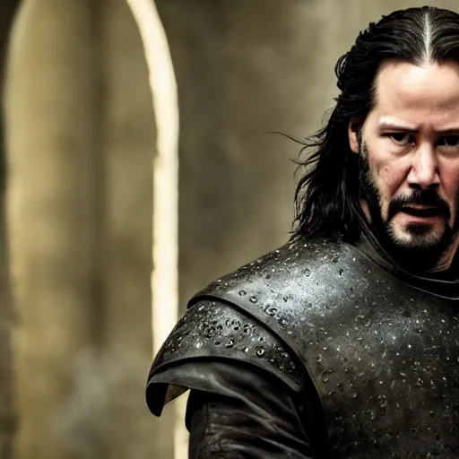 Image similar to keanu reeves in game of thrones, 4 k, epic, cinematic, focus, movie still, fantasy, serious, extreme detail, atmospheric, dark colour, sharp focus