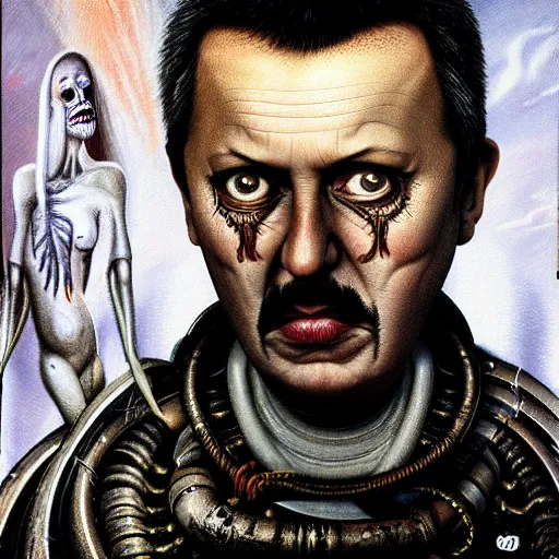 Image similar to Bodyhorror portrait by H.R.Giger of Igor Ivanovich Strelkov who became a degenerate horror Abomination, photo-realistic, color image, 2K, highly detailed