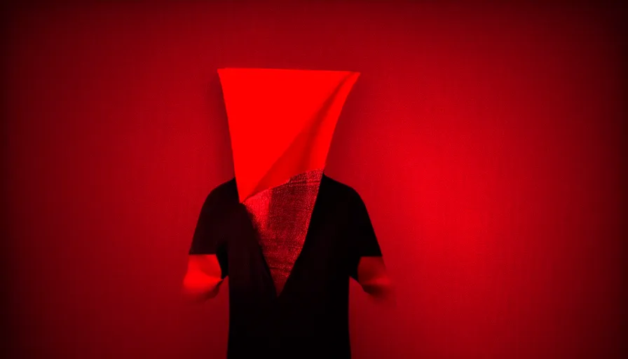 Image similar to photograph of enigmatic figure wrapped in red sheet in darkness, high contrast, hard light, digital art, rendering, cloth simulation, redshift