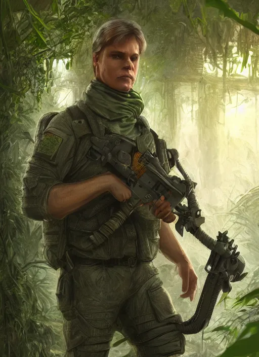 Image similar to portrait of a young richard dean anderson wearing a green combat uniform, in a post apocalyptic city overgrown by plants, by wlop, book cover illustration, concept art, volumetric lighting, volumetric atmosphere, sharp focus, octane render, trending on artstation, 8 k