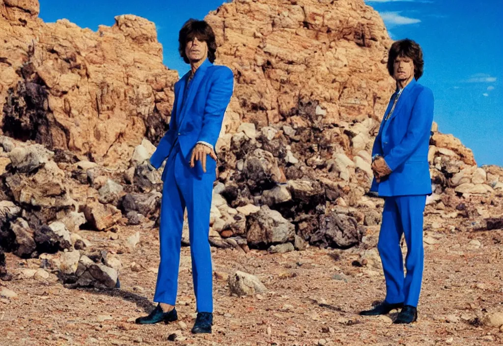 Image similar to mick jagger dressed in blue costume with many jewels in a dry rocky desert landscape, ultradetailed alien complex city and giant alien spaceship in the background, by christopher doyle and alejandro jodorowsky, anamorphic lens, kodakchrome, cinematic composition, masterpiece, 8 k