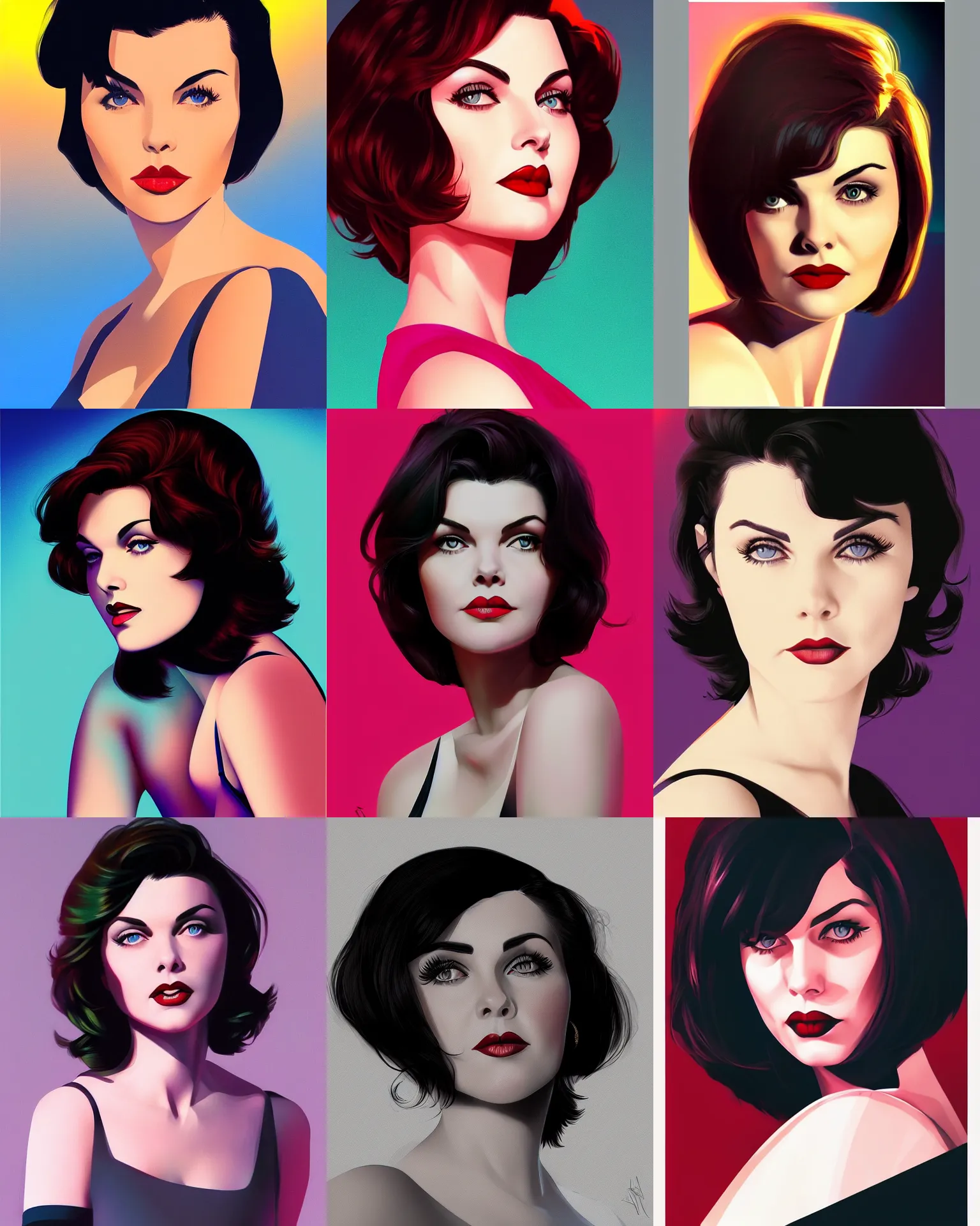 Prompt: sherilyn fenn 2 2 years old, bob haircut, portrait by stanley artgerm, dramatic lighting, ilya kuvshinov, trending on artstation, flat colour, geometric curves, sunset gradient, neon highlights