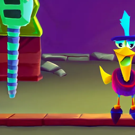 Prompt: screenshot of a cute wacky humanoid goose enemy with a coat in crash bandicoot video game, crash bandicoot 4, playstation 1 era graphics, activision blizzard style, 4 k upscaled graphics