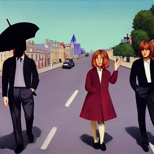 Prompt: beatles walk across the road by Raphael, Hopper, and Rene Magritte. detailed, romantic, enchanting, trending on artstation.