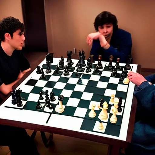 Magnus Carlsen playing chess with Hikaru Nakamura in, Stable Diffusion