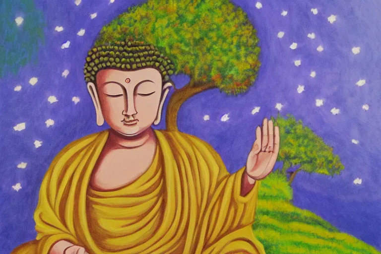 Image similar to painting of a peaceful buddha meditating under a tree, acrylic art, calm, soothing, cosy, elegant, soft light,