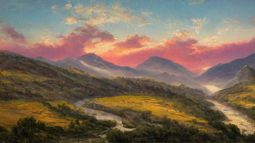 Image similar to The most beautiful panoramic landscape, oil painting, where the mountains are towering over the valley below their peaks shrouded in mist. The sun is just peeking over the horizon producing an awesome flare and the sky is ablaze with warm colors and stratus clouds. The river is winding its way through the valley to an ancient italian village, some smoke comes out of the village, the trees are starting to turn yellow and red, by Greg Rutkowski, aerial view