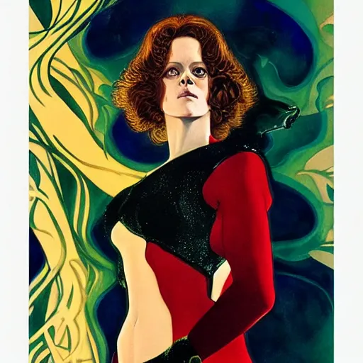 Image similar to portrait by joshua middleton of the young actress, sigourney weaver as ming the merciless, vamp, elegant, decadent, stylised comic art, klimt, mucha, 1 9 7 0 s poster,