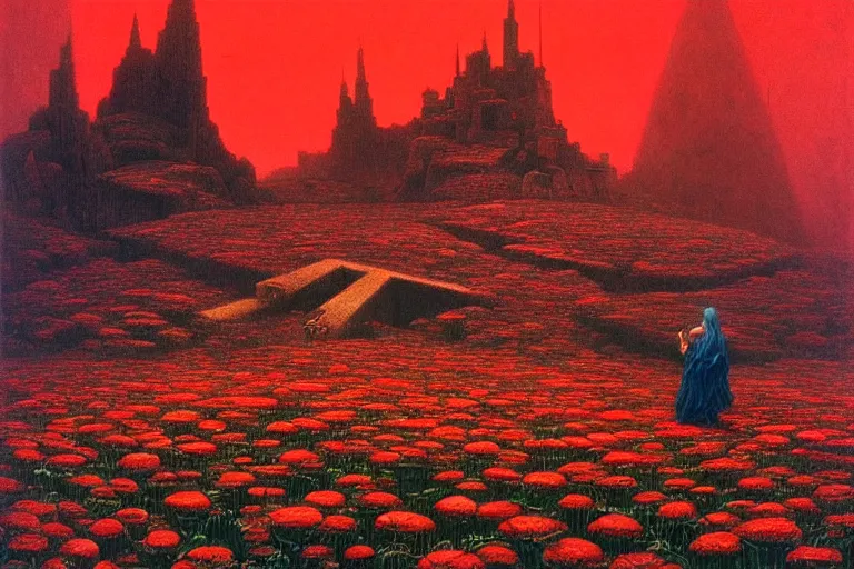 Image similar to only with red, red flowers of different types, a castle in the background, red orcs and trolls dance over the flowers, in the style of beksinski, part by hopper, part by rodcenko, part by hofbauer, intricate composition, red by caravaggio, insanely quality, highly detailed, masterpiece, red light, artstation