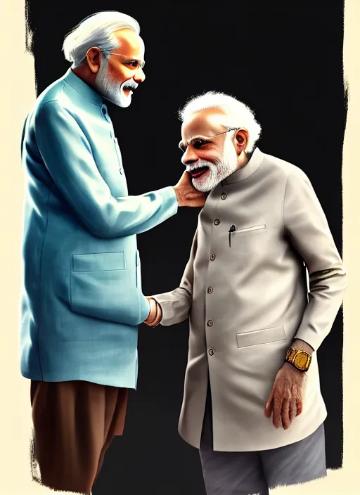 Prompt: portrait, Narendra Modi shaking hands with Albert Einstein , dramatic lighting, cinematic, establishing shot, extremely high detail, foto realistic, cinematic lighting, post processed, concept art, artstation, style by eddie mendoza, raphael lacoste, alex ross