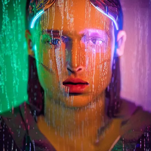 Prompt: a human portrait made out of rain, neon light, beautiful, rendered in octane, unreal engine, realistic