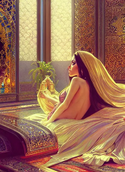 Prompt: an arabian princess relaxing in her palace, raining outside, shiny, fantasy, intricate, elegant, hyper detailed, ultra definition, photoreal, artstation, unreal engine rendered, concept art, smooth, sharp focus, illustration, art by artgerm and greg rutkowski and alphonse mucha and garis edelweiss