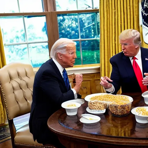 Image similar to trail cam footage of Joe Biden and Donald Trump eating spaghetti with beans