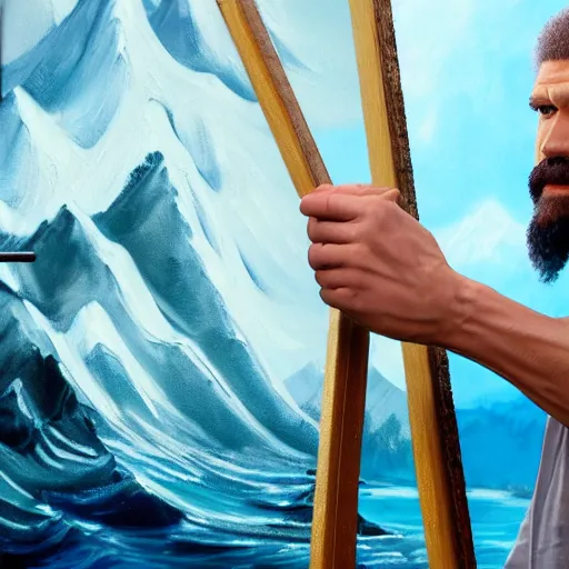 Image similar to a closeup photorealistic photograph of bob ross working on a canvas painting of aquaman. film still. brightly lit scene. mountains and trees. this 4 k hd image is trending on artstation, featured on behance, well - rendered, extra crisp, features intricate detail, epic composition and the style of unreal engine.