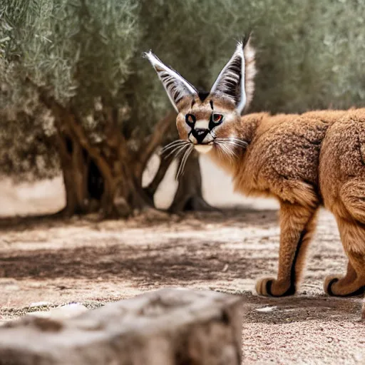 Prompt: a cinematic film still of a claymation stop motion film starring cute fluffy caracal near wooden barrel, ancient greek city, olive trees, shallow depth of field, 8 0 mm, f 1. 8