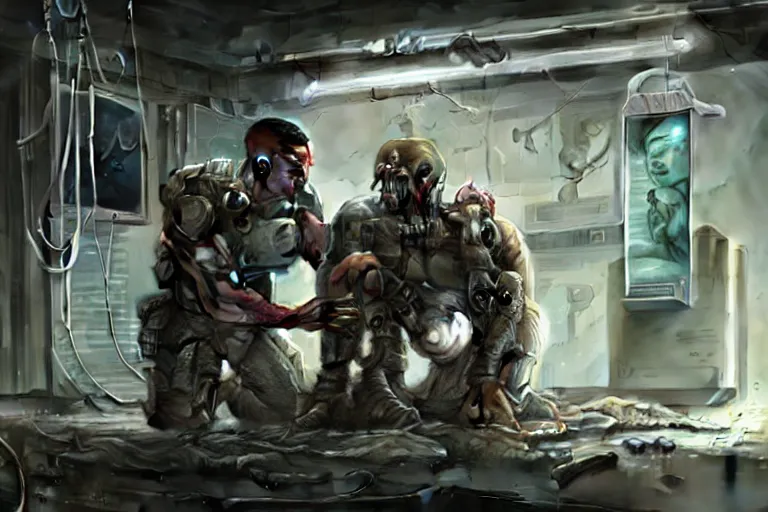 Image similar to Ultra realistic illustration, a hefty damaged male soldier cyborg being patched up in a run down underground military medical bay with medical equipment hanging from ceiling, holographic display panels in background, rugged face, muscle body with battle scars, cyberpunk, sci-fi, fantasy, intricate, elegant, highly detailed, digital painting, artstation, concept art, smooth, sharp focus, illustration, dramatic lighting, art by Syd Mead and Giger