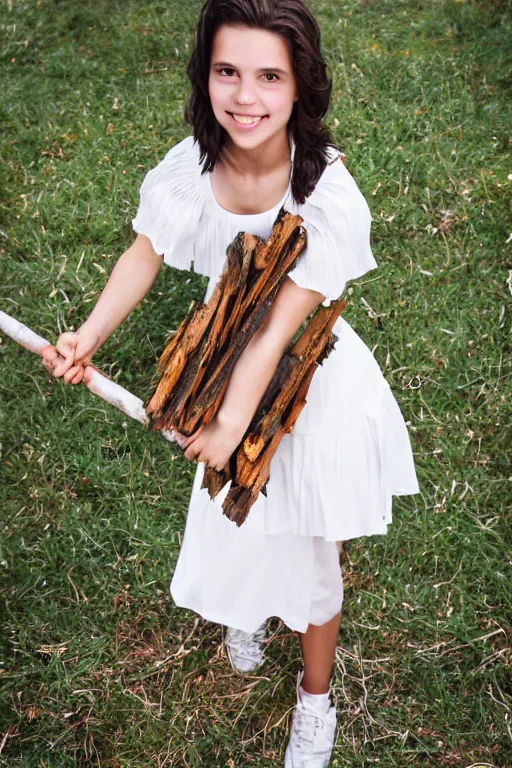Prompt: a middle-school girl with unkempt wavy short brown hair wearing a white dress and holding a bundle of firewood, high resolution film still, 8k, HDR color, short hair, round face, dimples