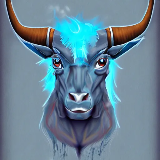 Prompt: well dressed minotaur with blue flaming eyes, digital art