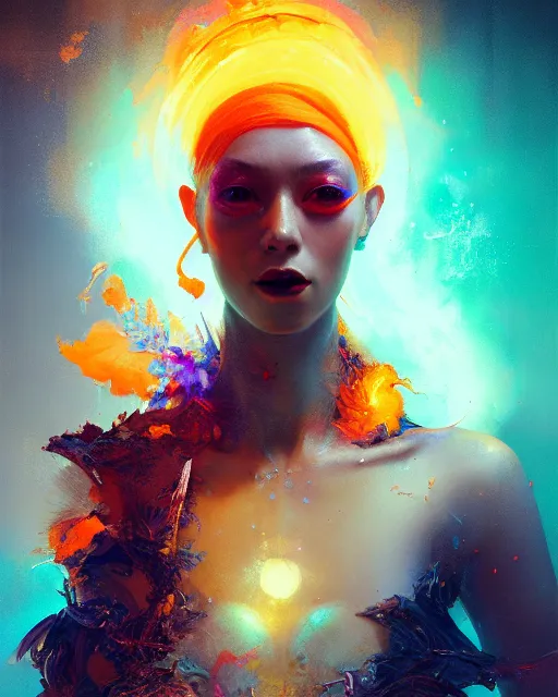 Image similar to full view portrait of mystical and legendary DJ Tangerine, 4k digital masterpiece by Greg Rutkowski and Ruan Jia and rossdraws, Alberto Seveso, fantasycore, Hyperdetailed, realistic oil on linen, soft lighting, Iconography background, featured on Artstation