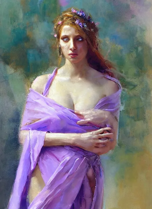 Image similar to painting of Aphrodite wearing a light purple sash over her shoulder, looking askance with a gentle sparkle in her eyes, by Jeremy Mann, detailed, stylized, loose brush strokes, bold colors, warm tones